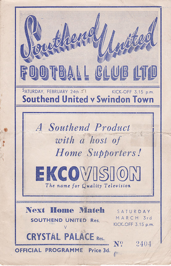 <b>Saturday, February 24, 1951</b><br />vs. Southend United (Away)